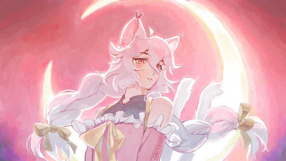 Guji is a white haired girl with cat ears and two cat tails. Her hair is tied into two big chunky braids with yellow ribbons at the ends. She's wearing a tight dark grey sleeveless top, with a pink shoulderless oversized shirt over it. It has a white lacey frilled trim, and it's being held up by two yellow ribbon straps going form the airpit to the back of the neck. Guji stands in front of a huge crescent moon, and the wind is tousling her braids so that they curl behind her.