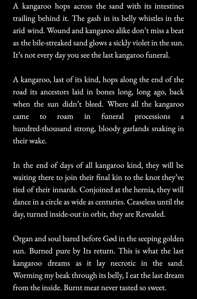 A kangaroo hops across the sand with its intestines trailing behind it. The gash in its belly whistles in the arid wind. Wound and kangaroo alike don't miss a beat as the bile-streaked sand glows a sickly violet in the sun.
It's not every day you see the last kangaroo funeral.
A kangaroo, last of its kind, hops along the end of the road its ancestors laid in bones long, long ago, back when the sun didn't bleed. Where all the kangaroo
came to roam
in funeral processions
a
hundred-thousand strong, bloody garlands snaking in their wake.
In the end of days of all kangaroo kind, they will be waiting there to join their final kin to the knot they've tied of their innards. Conjoined at the hernia, they will dance in a circle as wide as centuries. Ceaseless until the day, turned inside-out in orbit, they are Revealed.
Organ and soul bared before Ged in the seeping golden sun. Burned pure by Its return. This is what the last kangaroo dreams as it lay necrotic in the sand.
Worming my beak through its belly, I eat the last dream from the inside. Burnt meat never tasted so sweet.