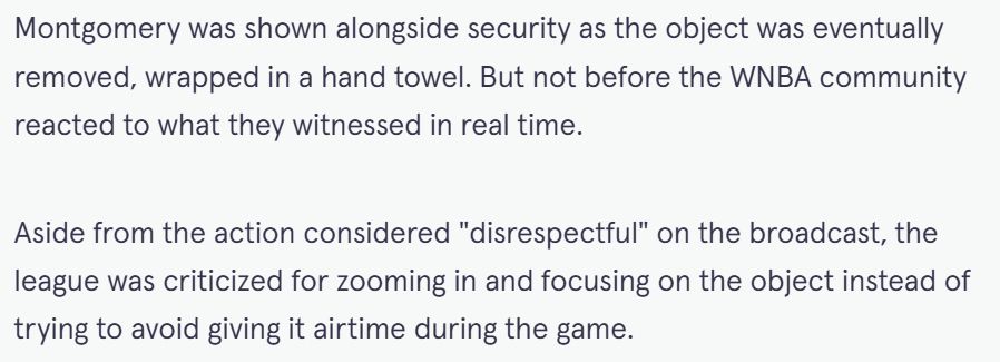 text from https://www.themirror.com/sport/basketball/wnba-dream-valkyries-sex-toy-1298610:

Montgomery was shown alongside security as the object was eventually removed, wrapped in a hand towel. But not before the WNBA community reacted to what they witnessed in real time.

Aside from the action considered "disrespectful" on the broadcast, the league was criticized for zooming in and focusing on the object instead of trying to avoid giving it airtime during the game.