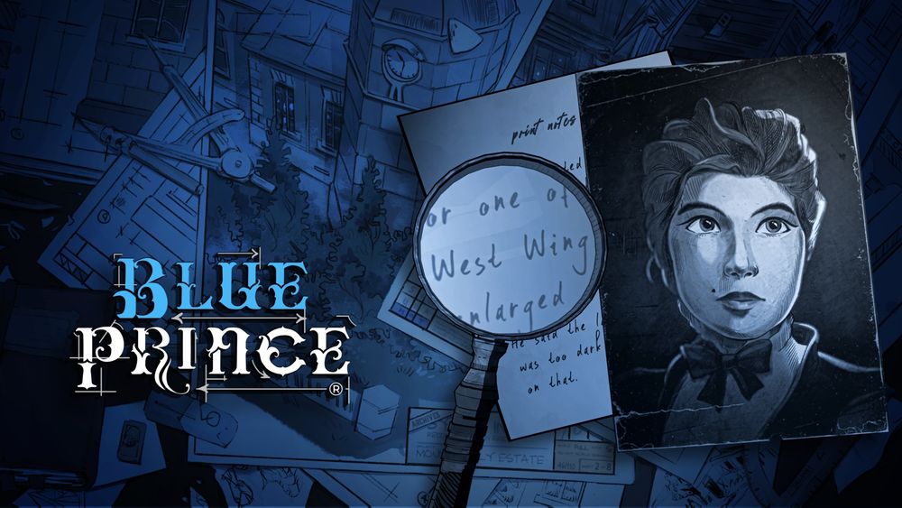 Blue Prince poster with spread out photos, notes, and a magnifying glass. 