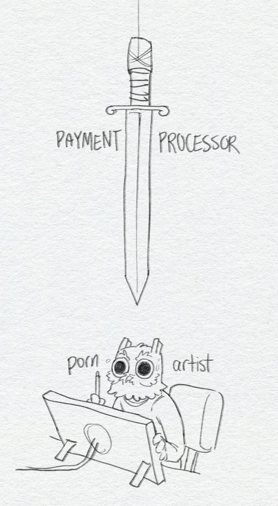 The sword of damocles with the words "payment processor" next to it dangling over-top a porn artist who is drawn as a cartoonyowl character, hunched over a drawing tablet and staring straight ahead while sweating.