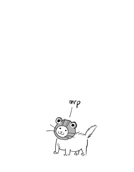 A happy kitten in a frog hat saying "mrp".