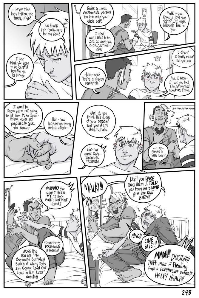 Pg 248 of my comic Exorcism Academy, where Malki is making fun of Ethan for being a cheesy romantic, and then eats the donuts Ethan brought while being unwilling to share, resulting in the two of them struggling over the bag of donuts and yelling