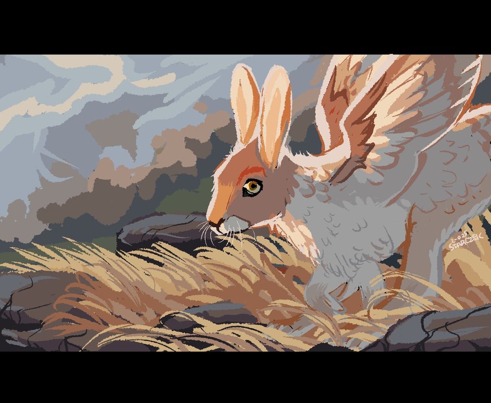 Drawing of a brown and white hare with feathered wings running through a field.