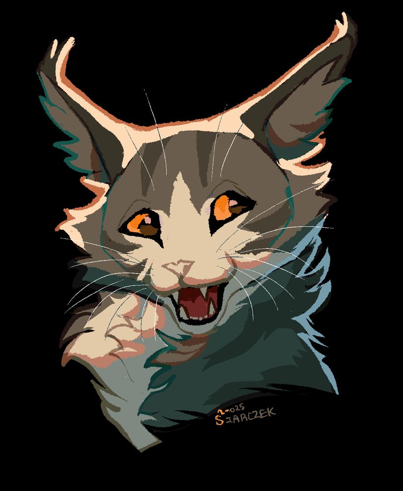 Drawing of a long-haired gray and white tabby cat with orange eyes and tufted ears. She smiles with her mouth wide open.