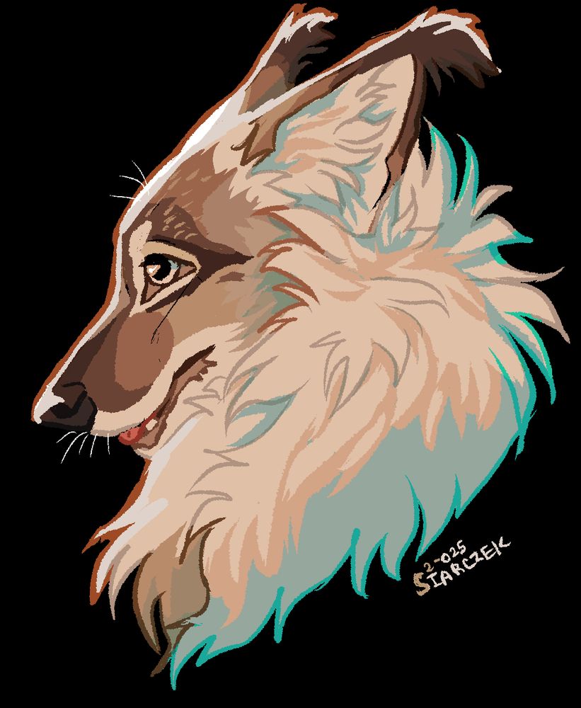 Drawing of a cream and brown dire wolf with long, fluffy fur and silver eyes. Her tongue is sticking out slightly.