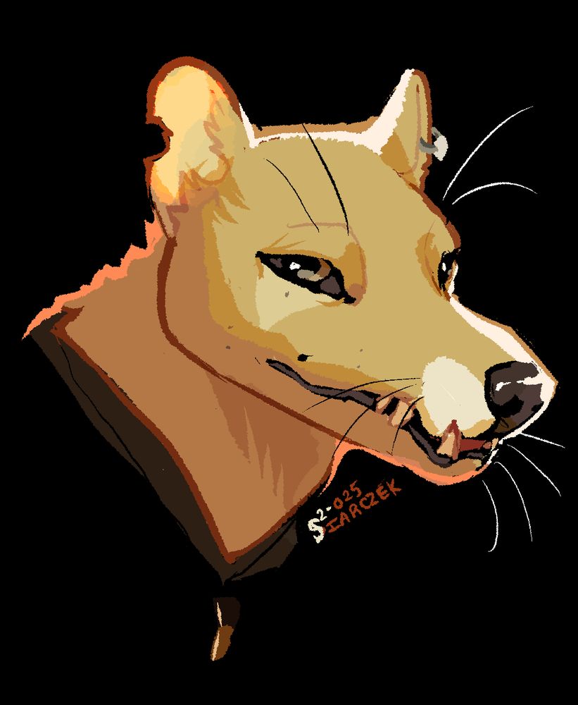 Drawing of a snaggle-toothed golden-brown thylacine with a torn ear, a tooth earring, and a tooth necklace. 