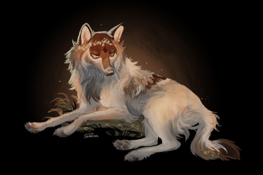 Sketch on a black background of a beige and brown wolf lying down with a serene expression, eyes closed. She has small yellow flower petals on her head and tail.