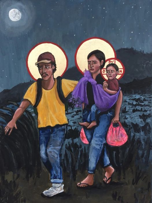 Icon: Sagrada Familia (Holy Family) by Kelly Latimore, showing Jesus, Mary and Joseph in modern dress as refugees.