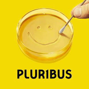A smiley face in a Petri dish against a yellow background. At the bottom in black Pluribus 