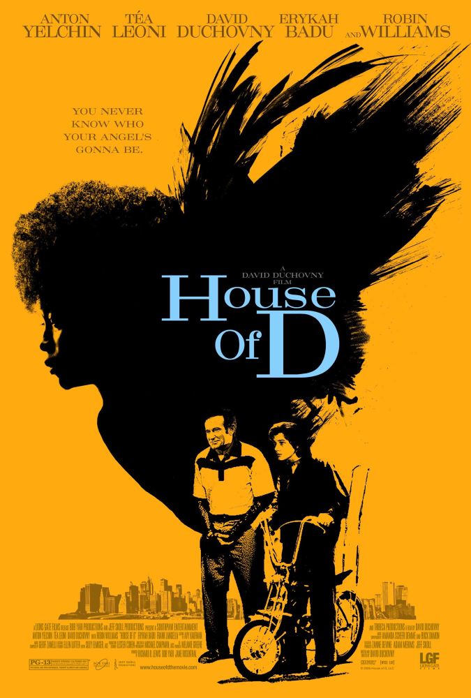 The silhouette of a woman in center screen.  A man and a teenage boy with a bike are smaller at bottom screen. House of D 