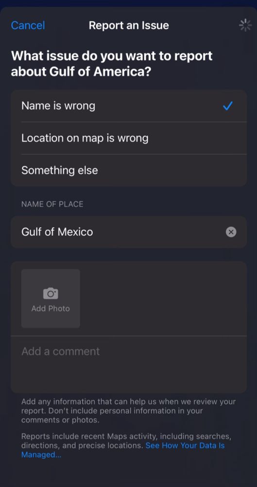 A screenshot of Apple Maps’ “Report a Problem” feature for the Gulf of Mexico. The reporting correctly asserts that the name is wrong and should be the “Gulf of Mexico” and not the alternative localization that is at best one of the most idiotic things a president has ever ordered.