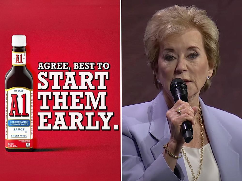 A1 Steak Sauce ad "Agree, Best to start them early" 
Photo of Linda McMahon