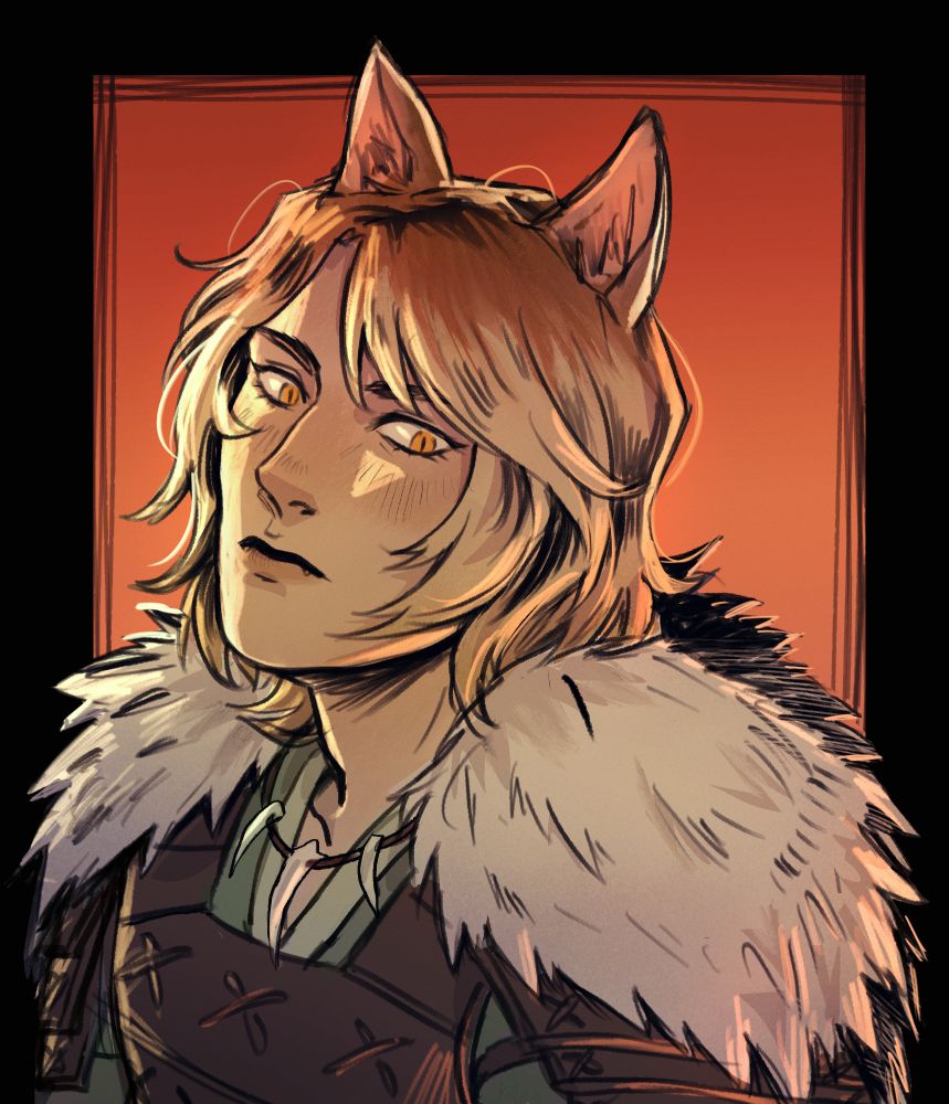 Renji, a Katari samurai. He has ginger-blonde hair, with the top part of his head ginger that transitions to blonde. He has light tanned skin and orange cat eyes. He is looking ahead with a serious expression. He is wearing a leather kimono style armor that is brown and green.