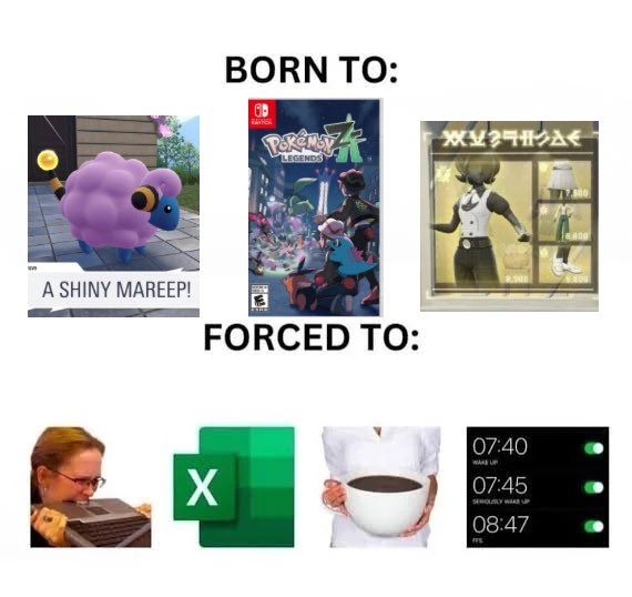 Uma imagem em inglês e com ilustrações que dizem "Nascido pra jogar pokemon, forçado a trabalhar" 