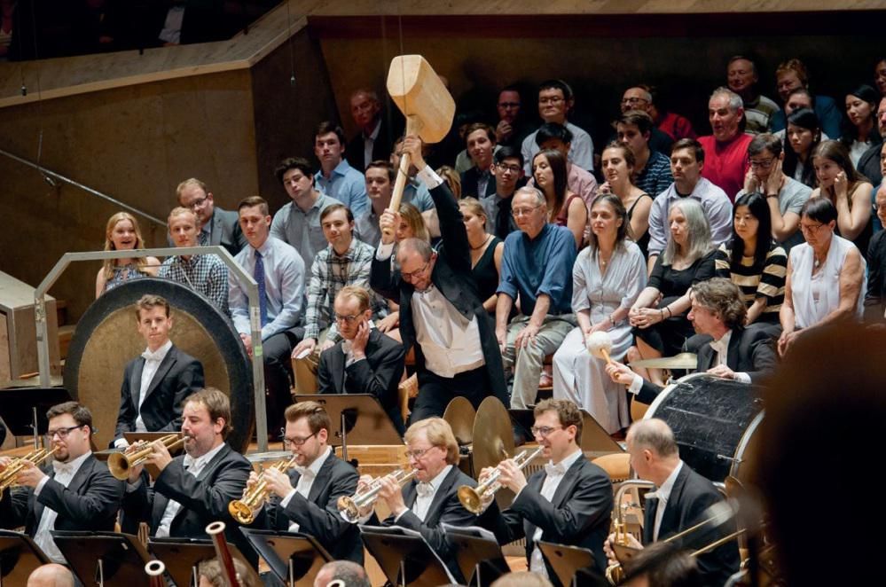 A picture of the so called Hammer of Fate from Mahler's sixth symphony, which called for a giant hammer strike...which looks rather ominous over the brass section.