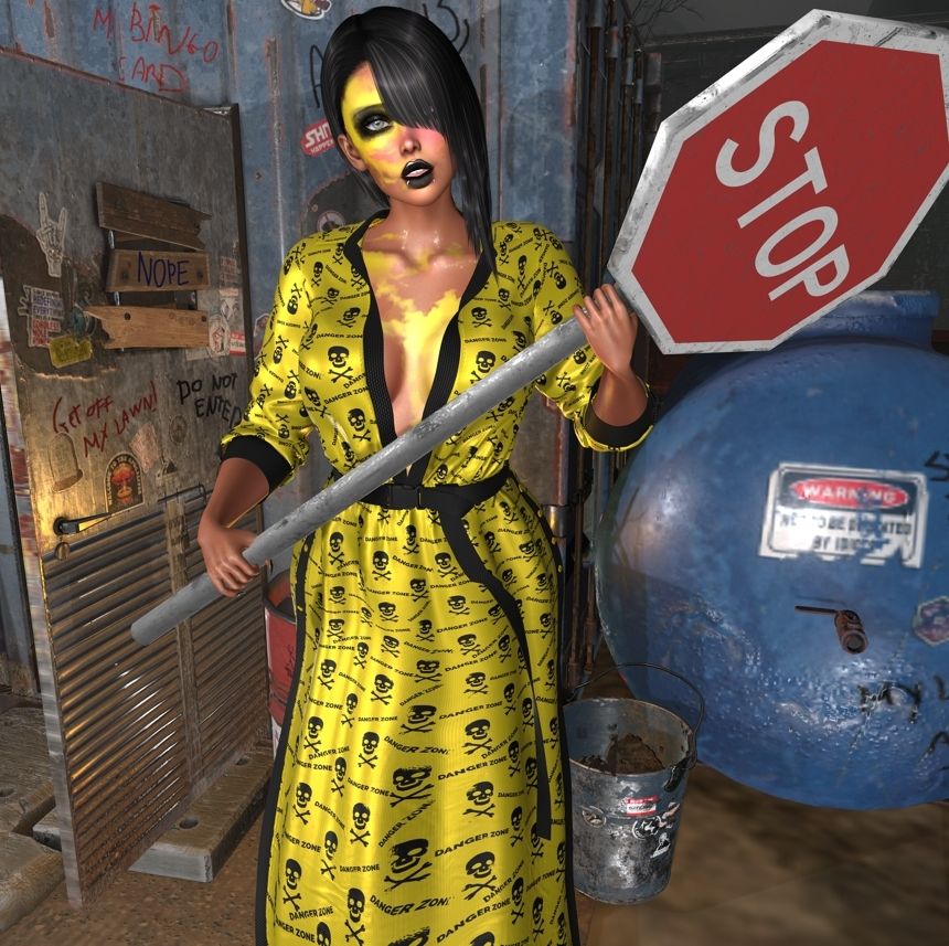Female #secondlife avatar dressed in a yellow smock dress that covered in danger zone emblems, holding a stop sign.