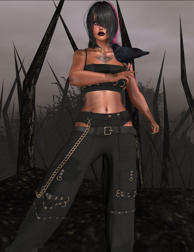 Female #Secondlife avatar wearing ringed tube top and ringed pants, wearing dark make up, holding a crow in a haunted forest.