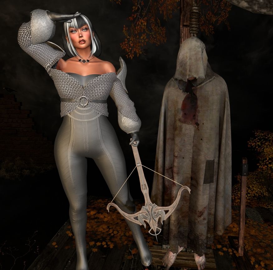 Female #Secondlife avatar wearing a skin tight suit of armor, holding a crossbow, hunting souls.