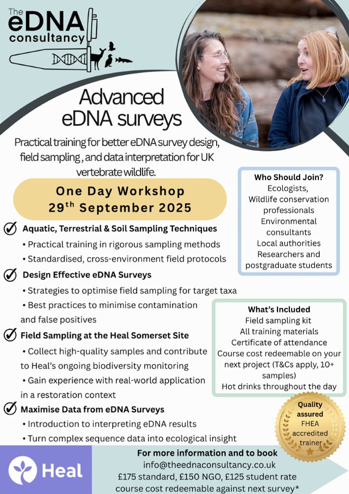 Colourful flyer with details of a one day eDNA workshop with Heal rewild.
