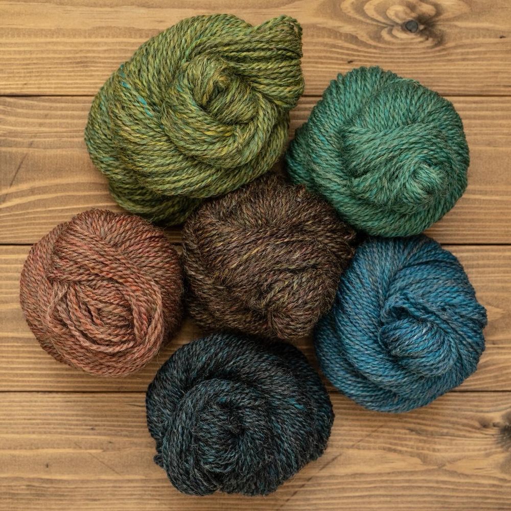A circle of six handspun yarns in semi-solid, muted, earthy colours. 