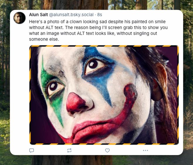 The same tweet as above, but with an industrial hazard style black and yellow diagonal stripe background around the border of the image.