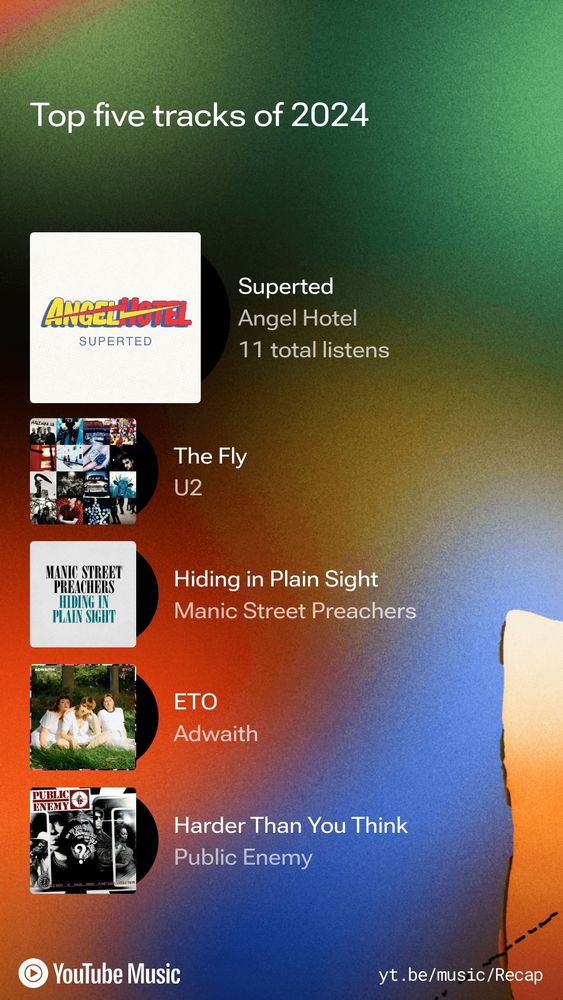 A list of five songs from YouTube titled "Top Five Tracks of 2024". At Number Five it's"Harder Than You Think" from Public Enemy. At Number Four "ETO" from Adwaith. Number Three it's another Welsh band, the Manic Street Preachers with the earworm "Hiding in Plain Sight". At Number 2 it's U2 and "The Fly". But at Number One it's "Superted" by Angel Hotel.