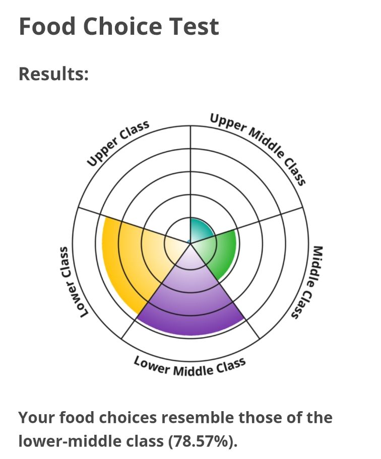 A circular graph, indicating large preferences for lower class and lower middle class food with a massive drop off once you reach the middle class category.