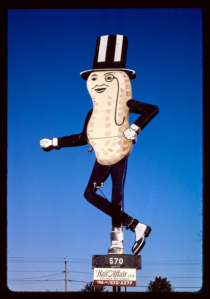 mr. peanut sign, hair affair sign, route 6, swansea, massachusetts, 1984