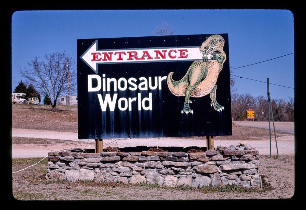 entrance sign, dinosaur world, eureka springs, arkansas, 1994