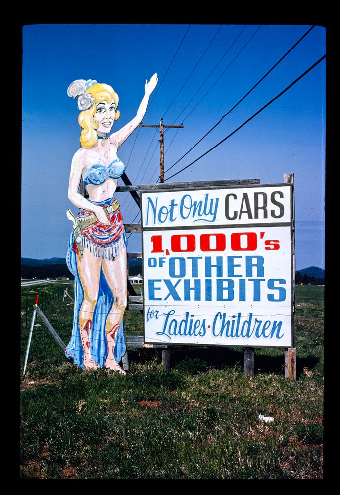horseless carriage museum billboard, rockerville, south dakota, 1979