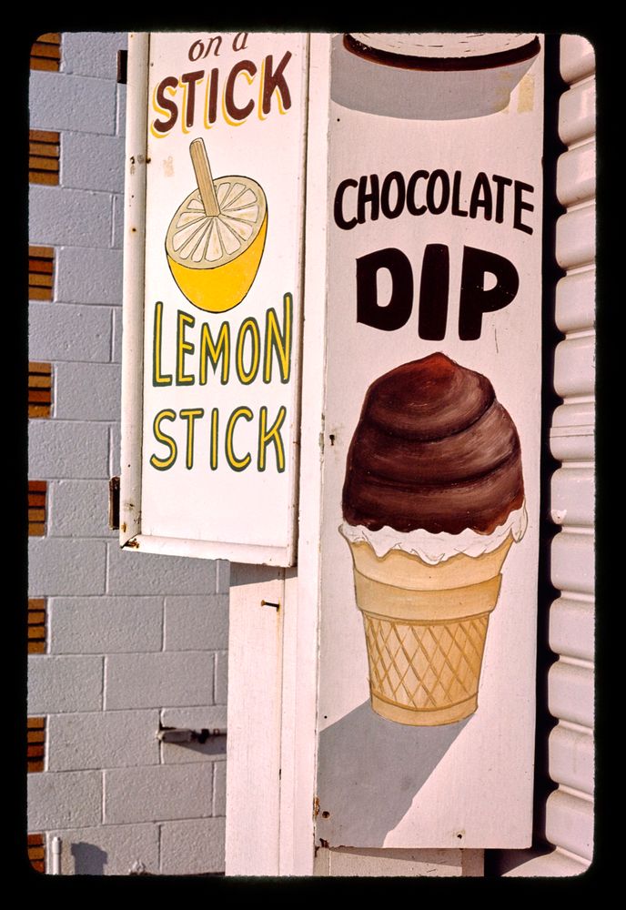 chocolate dip and lemon stick sign, ocean city, maryland, 1985