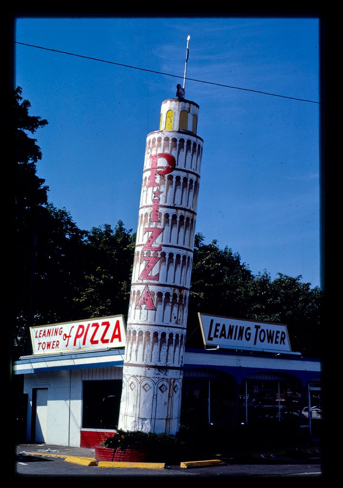 leaning tower of pizza, quincy, massachusetts, 1984