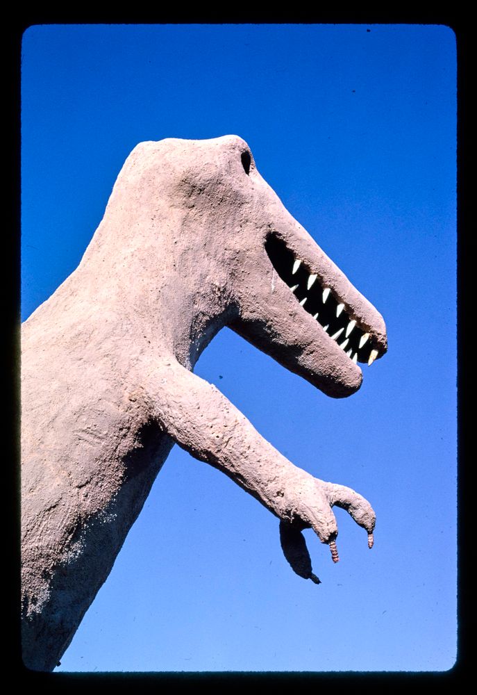 dinosaur village rv mobile home park, dinosaur statue upper detail, route 40, jensen, utah, 1991