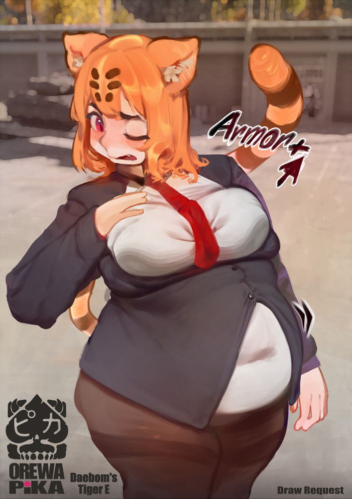 A Tiger cat girl with big softy belly that pulling out from her tight uniform because his get larger :3 She's blushing