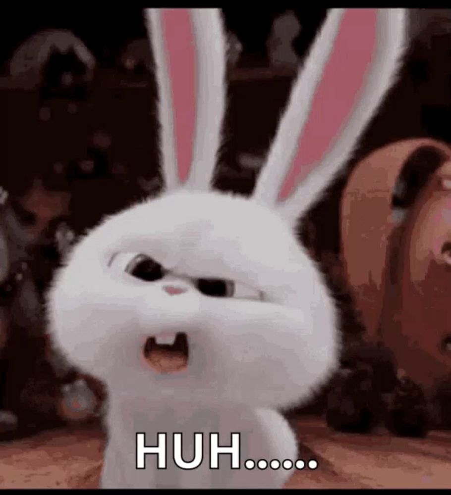 a white rabbit from the secret life of pets is making a funny face and says huh .