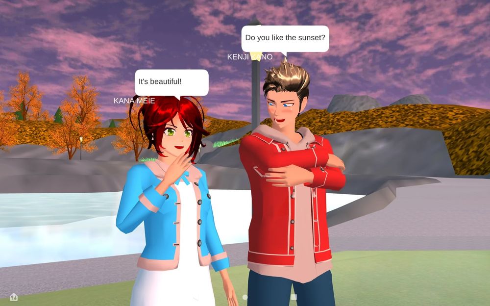 Kana and Kenji from Mr. Right Next Door (by u/Sophie_The_Glam_Diva) watching the sunset. Kenji is saying, "Do you like the sunset?" To which Kana is replying, "It's beautiful!"