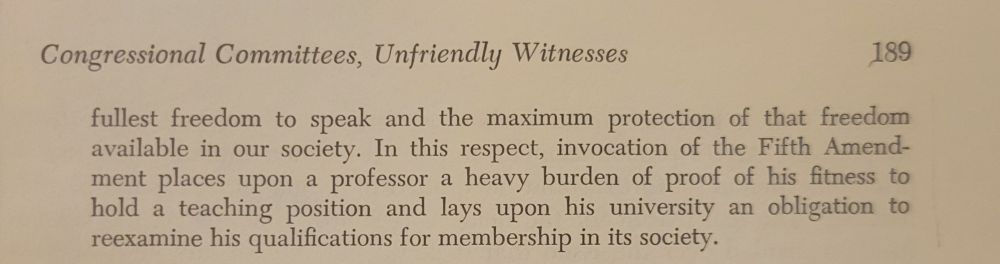 Screenshot of Chapter 6, part 2 if quote which reads: fullest freedom to speak and the maximum protection of that freedom available in our society. In this respect, invocation of the Fifth Amendment places upon professor a heavy burden of proof of his fitness to hold a teaching position and lays upon his university an obligation to
reexamine his qualifications for membership in its society.

