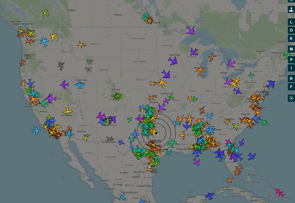A map of the United States from ADSB exchange showing military aircrarft only. There is a lot of aircraft in the central part of the US as well as on the border with Mexico. 