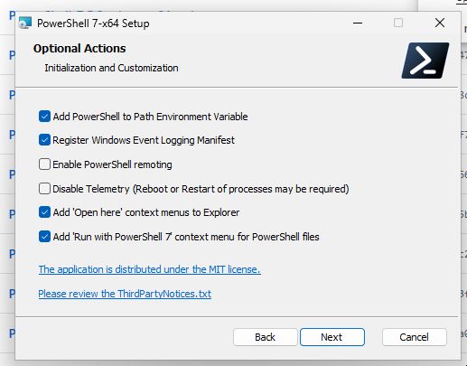The optional actions for the PowerShell 7 x64 setup where you have the option to "disable telemetry" making this an opt-out feature. 