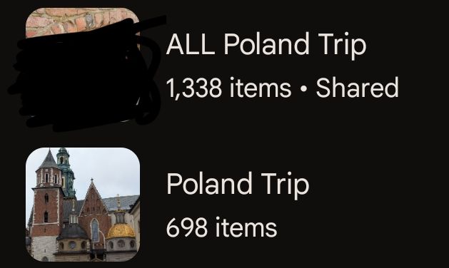 Two Google Photos albums: Poland Trip (698 items, nice castle thumbnail) and ALL Poland Trip (1,338 items, scribble censored thumbnail)