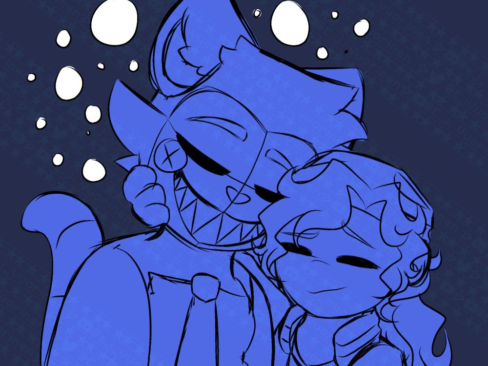 Doodle of FNAC Dylan side hugging/holding Security's face