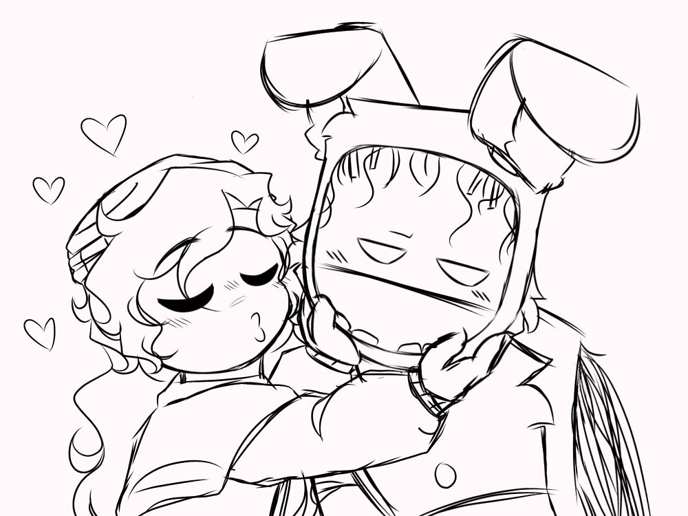 Investigators Dylan holding Withered Bonnie by the jaw, making a kissy face. Bonnie is blushing slightly while looking away.
