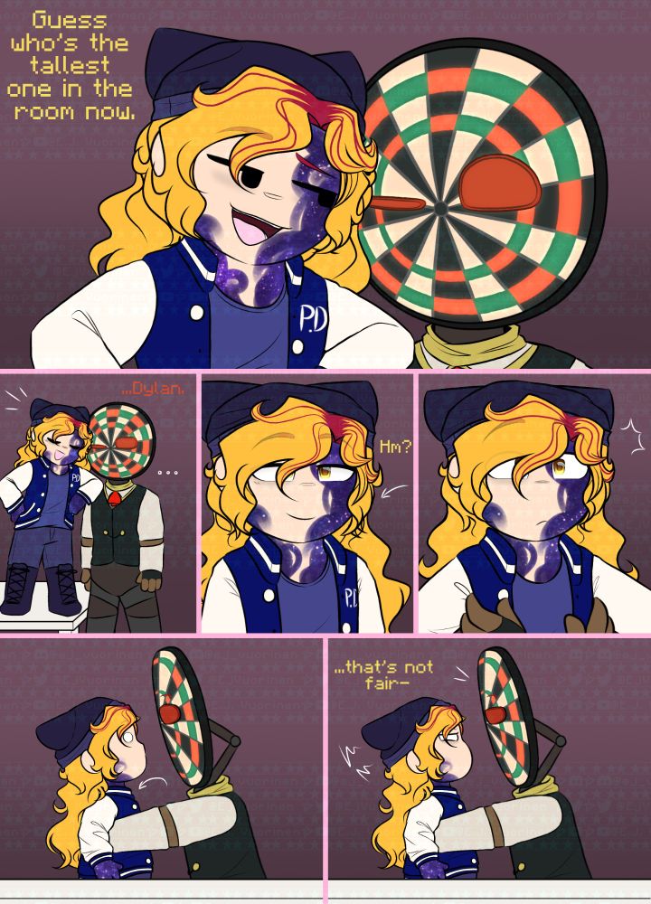 Frame 1: Dylan leaning on GC while asking, "Guess who's the tallest one in the room now."

Frame 2: Reveals that Dylan is standing on a table, with GC seeming unamused and saying Dylan's name.

Frame 3: Dylan leans back with a hum.

Frame 4: GC grabs Dylan, who is taken by surprise.

Frame 5: GC picks Dylan up and off the table, holding him lower.

Frame 6: Dylan gives him a frustrated look, saying, "That's not fair." As GC laughs.