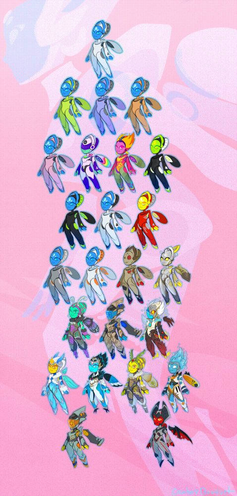 Overwatch character Echo, all in various little outfits.