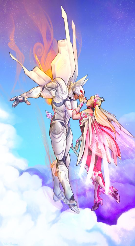 Two characters from Overwatch Pharah and Mercy are flying overtop the clouds in the sky. Pharah is in white armor with wings and Mercy is in a pink outfit, they are sharing a kiss.