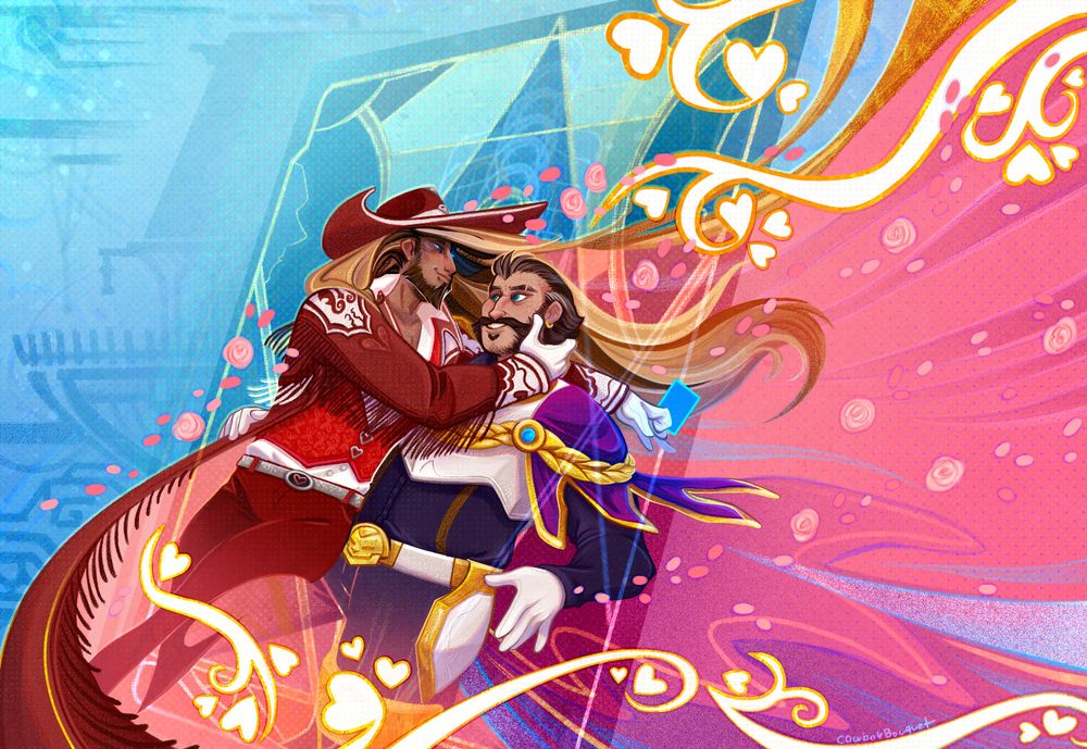 League of Legends character Twisted Fate and Graves coming out of a card, they are very in love.