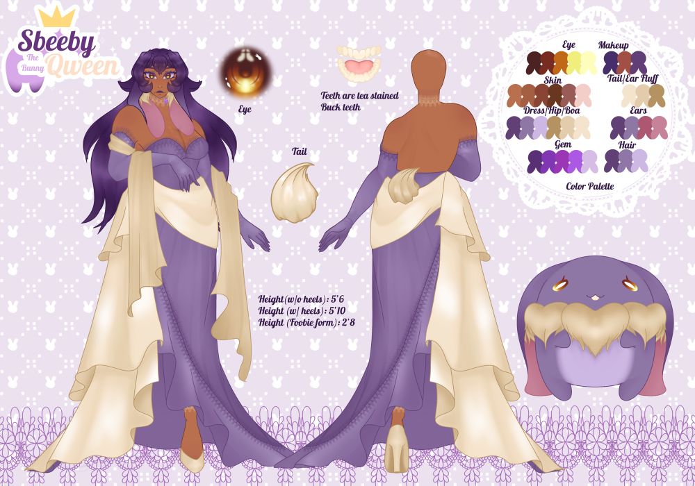 Reference sheet showcasing front, back, Foobie form, eye detail, teeth, and tail. 