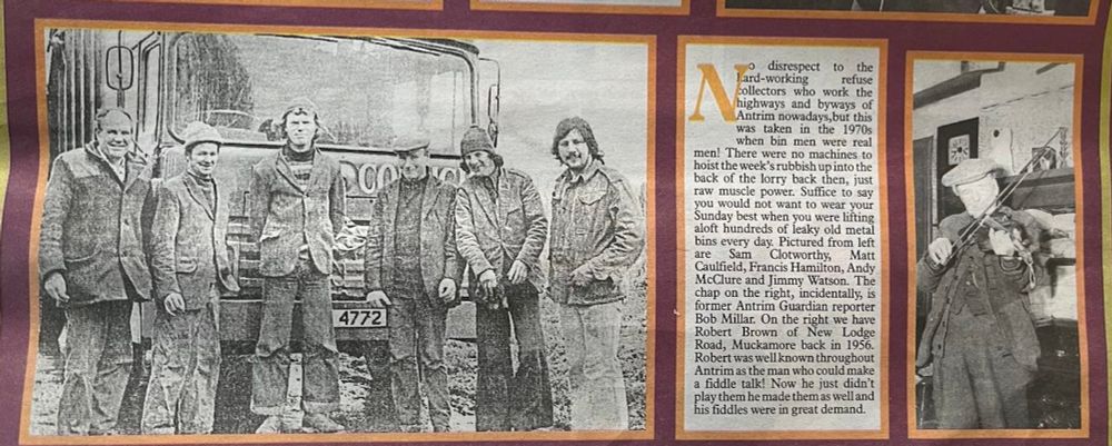The real bin boy: Who is the handsome fella on the right soaked through to the skin? A thinner Beanie Bob, with an early morning Wednesday crew (6am) from the old Antrim Council Depot in the Steeple, on our way out to do a real bin lift over the shoulder job with the ashes and the rats. Circa: 1970s 