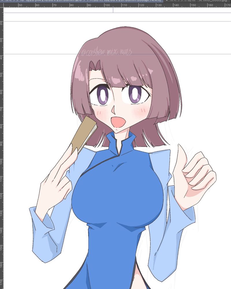 原稿で描いている、チャイナドレスを着た有村麻央ちゃん